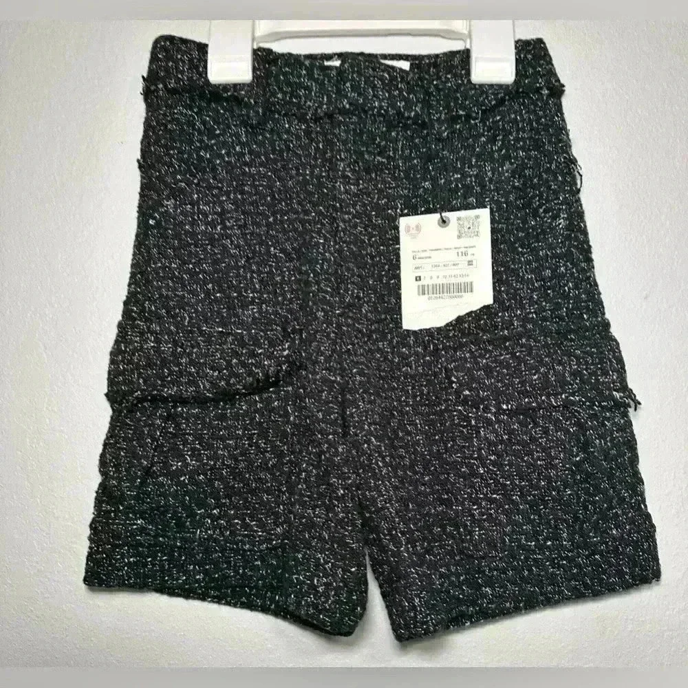 356. New Zara girls patterned weave shorts with pockets tweed sz 6T black/white